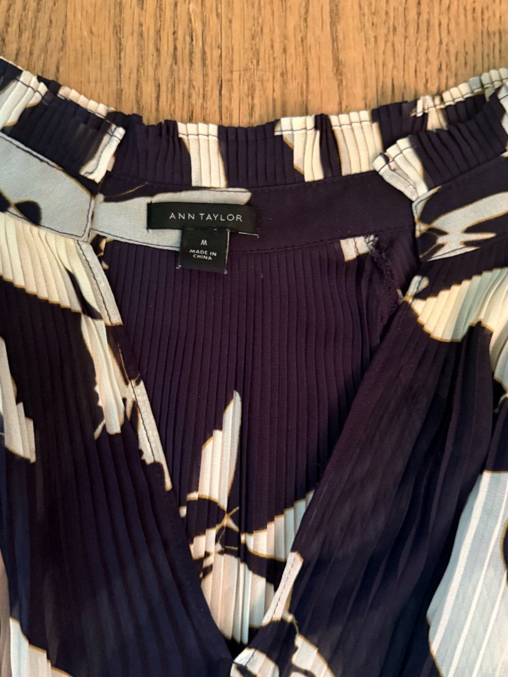 Ann Taylor Navy and Cream Floral Pleated Top